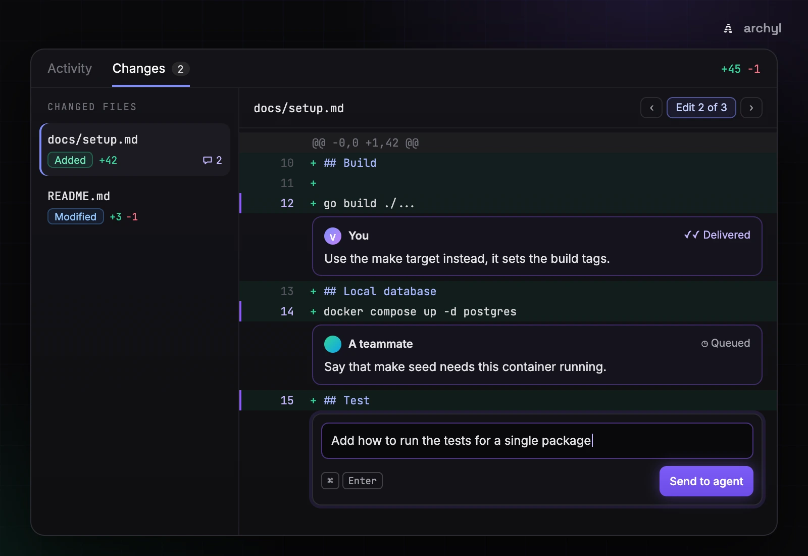 The Changes view: the file list with Added and Modified statuses and lines added and removed per file, and a diff of docs/setup.md with an inline comment thread under a line, each comment marked Queued or Delivered