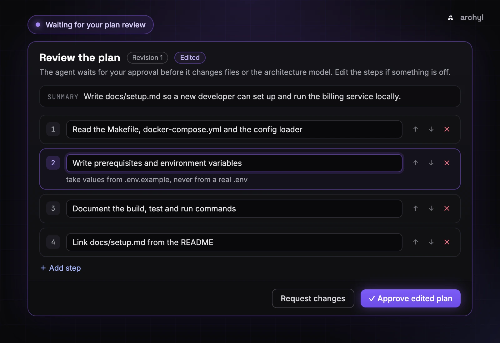 The Plan panel in review mode: editable steps with their details, controls to add, remove and reorder steps, and the Approve edited plan and Request changes buttons